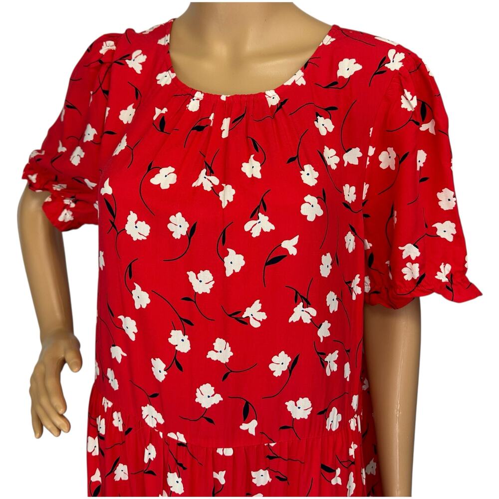 J. Crew Floral Puff-Sleeve Tiered Midi Dress Red BF865 Size L - Picture 9 of 14